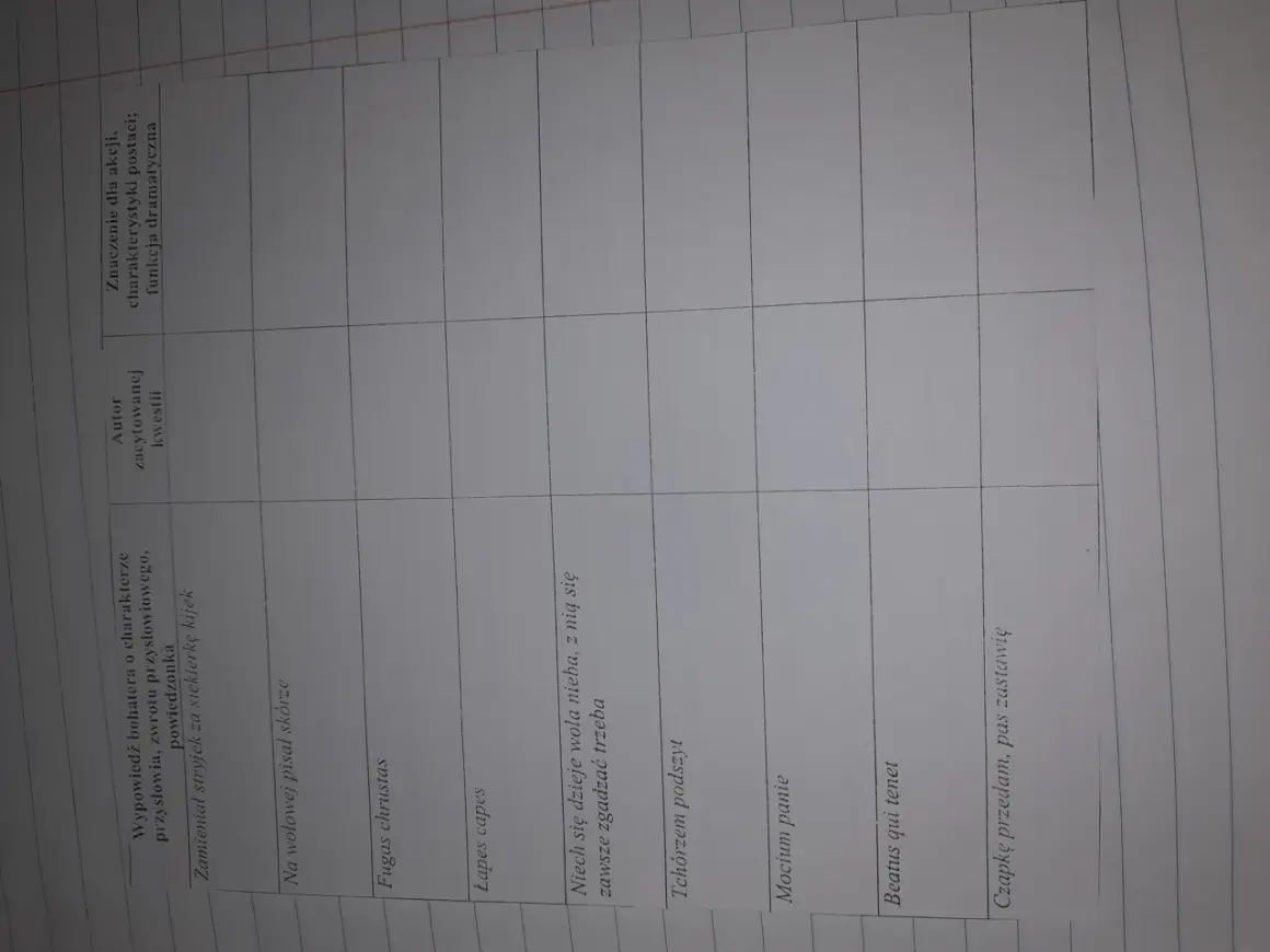 Tabela z cytatami i analizą postaci. W jednym z pól widnieje fraza "Niech się dzieje wola nieba, z nią się zawsze zgadzać trzeba".