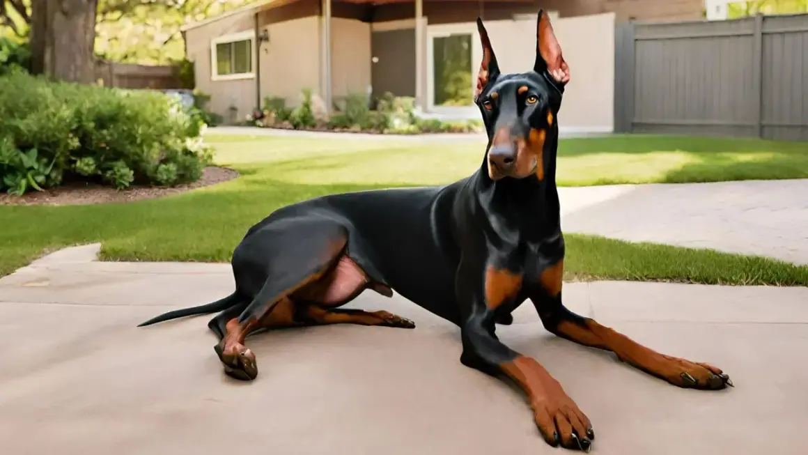 Czarny doberman, doskonały pies obronny, leży na podjeździe przed domem.
