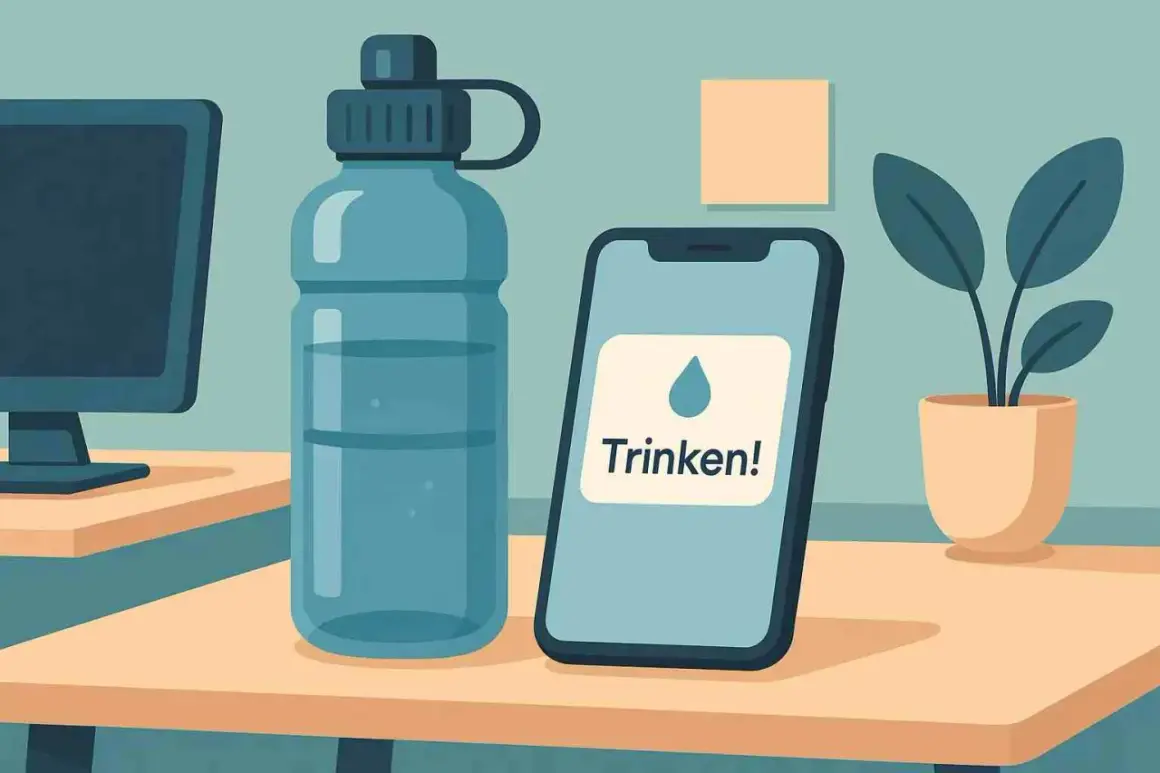 Eine Wasserflasche und ein Smartphone mit der Aufschrift "Trinken!" stehen auf einem Schreibtisch. Perfekt für das Trinken beim Joggen.