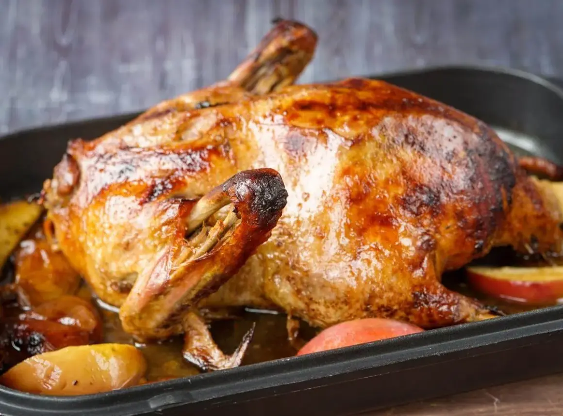 Goldbraune Ente mit Äpfeln im Bräter, perfekt gegart mit Umluft oder Oberhitze.