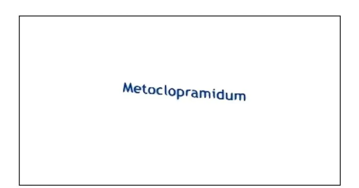 Napis "Metoclopramidum" w kolorze granatowym, lekko pochyły, na białym tle.