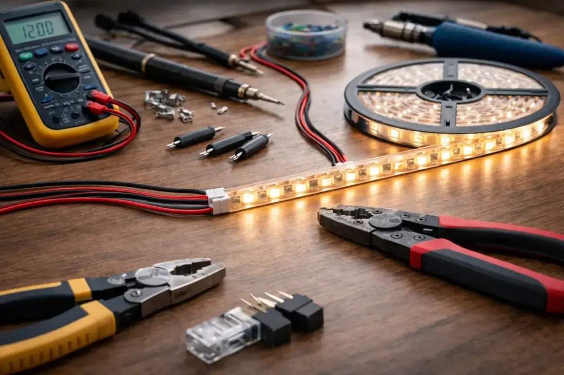 Narzędzia do elektryki i taśma LED na drewnianym blacie. Multimetr, lutownica, szczypce i złączki pokazują, jak podłączyć ledy do zasilacza.