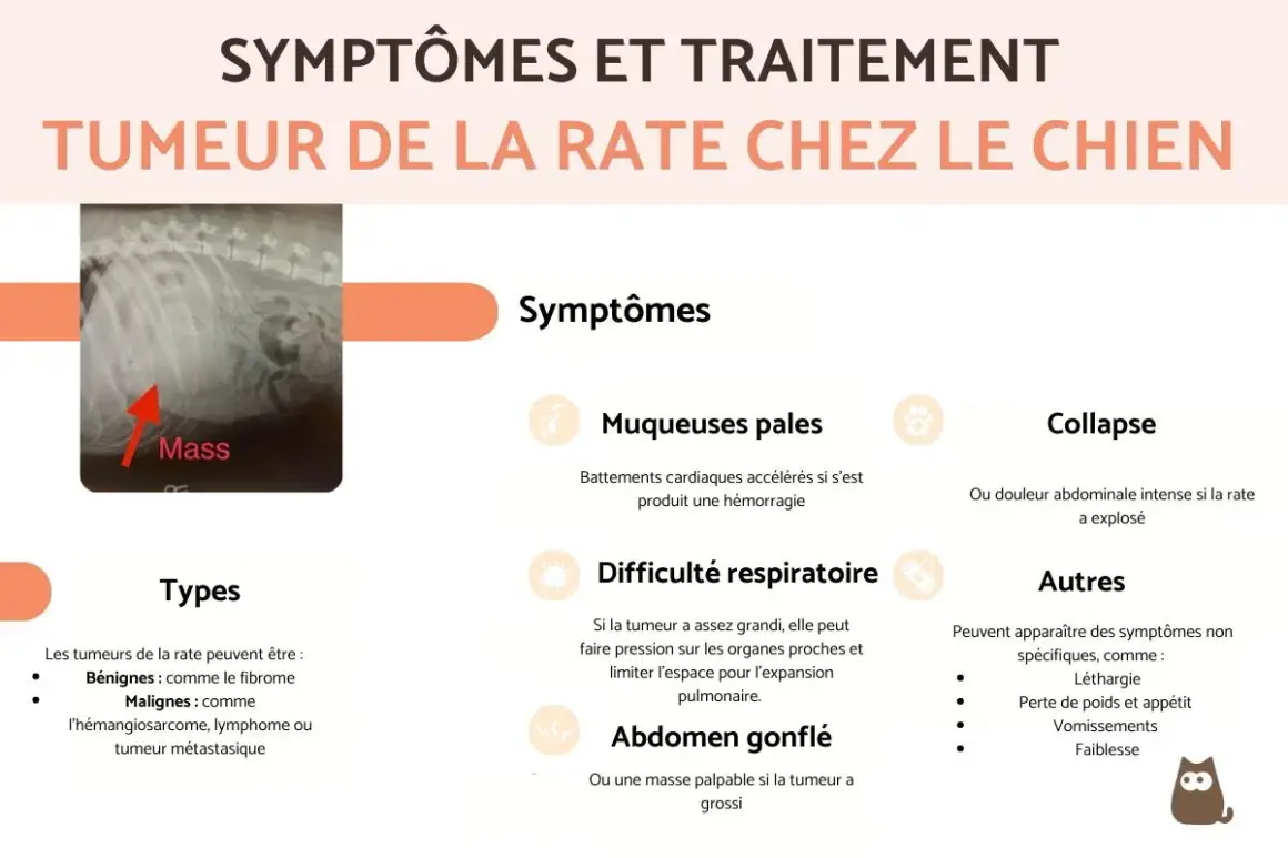 Radiographie montrant une masse dans la rate d'un chien, un signe potentiel de tumeur de la rate chez le chien.