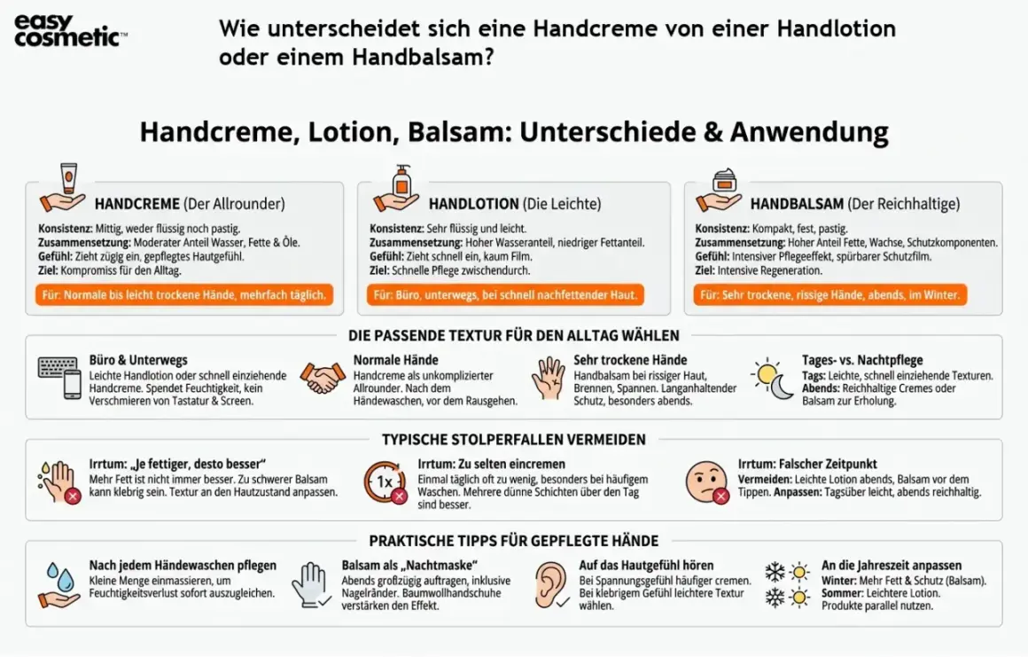 Handcreme, Lotion, Balsam: Unterschiede & Anwendung. Tipps für die richtige Pflege, auch zum Handcreme selber machen.