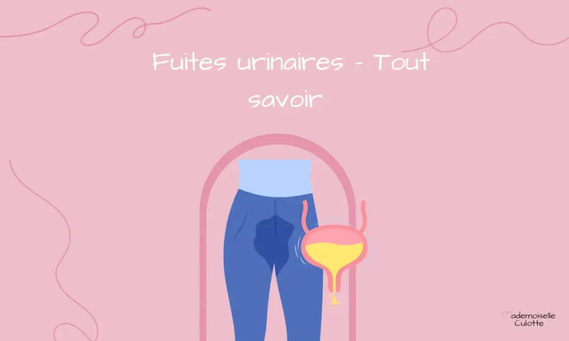 Illustration d'une personne en pantalon bleu avec une tache d'urine, et une vessie. Le texte indique "Fuites urinaires - Tout savoir". Ce sujet peut concerner les fuites urinaires pendant les règles.
