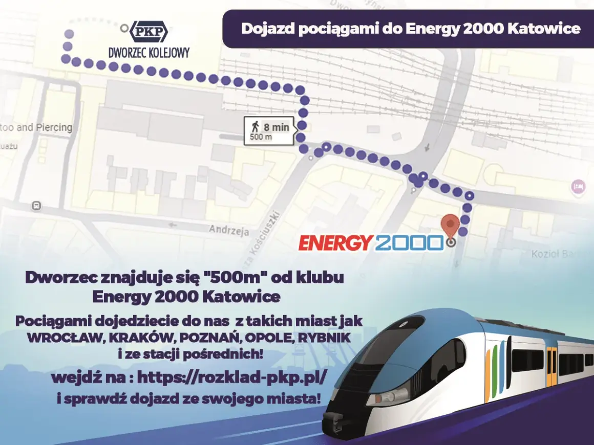 Mapa z trasą pieszą z dworca PKP Katowice do klubu Energy 2000. Dojazd pociągiem z wielu miast.