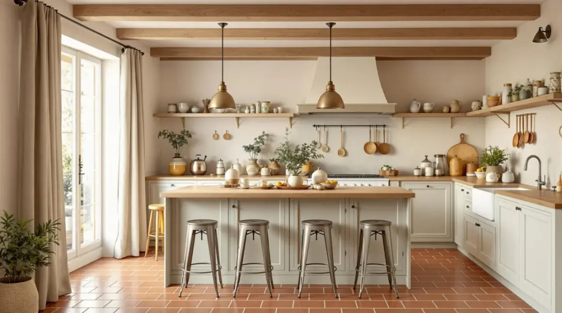 Cuisine chaleureuse avec sol en tomettes rouges. Les tons crème et bois clair s'associent parfaitement, créant une ambiance douce.