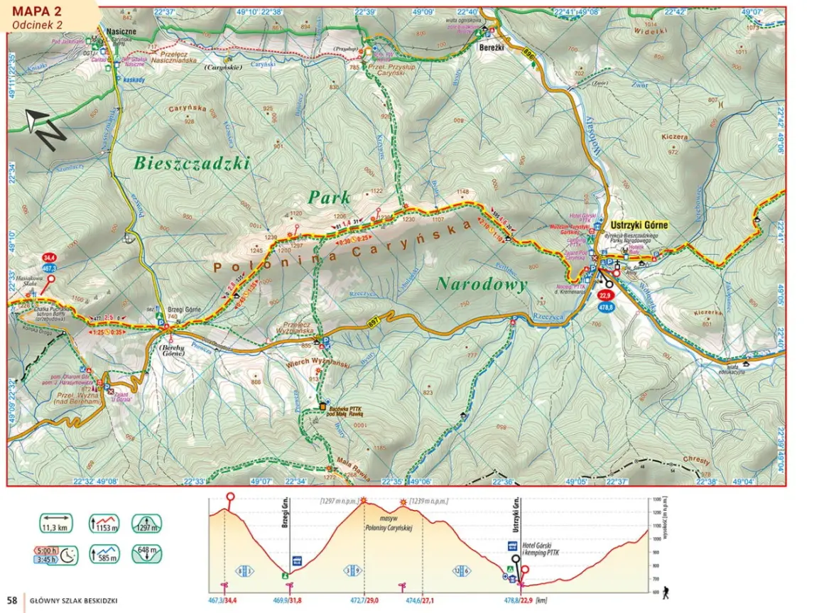 Mapa GSB trasa przez Połoninę Caryńską i Ustrzyki Górne. Widok na szlak, profil wysokości i odległości.