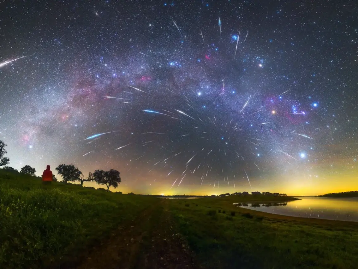 A lone figure watches a spectacular display of shoot stars streaking across the Milky Way above a tranquil lake and grassy hills.