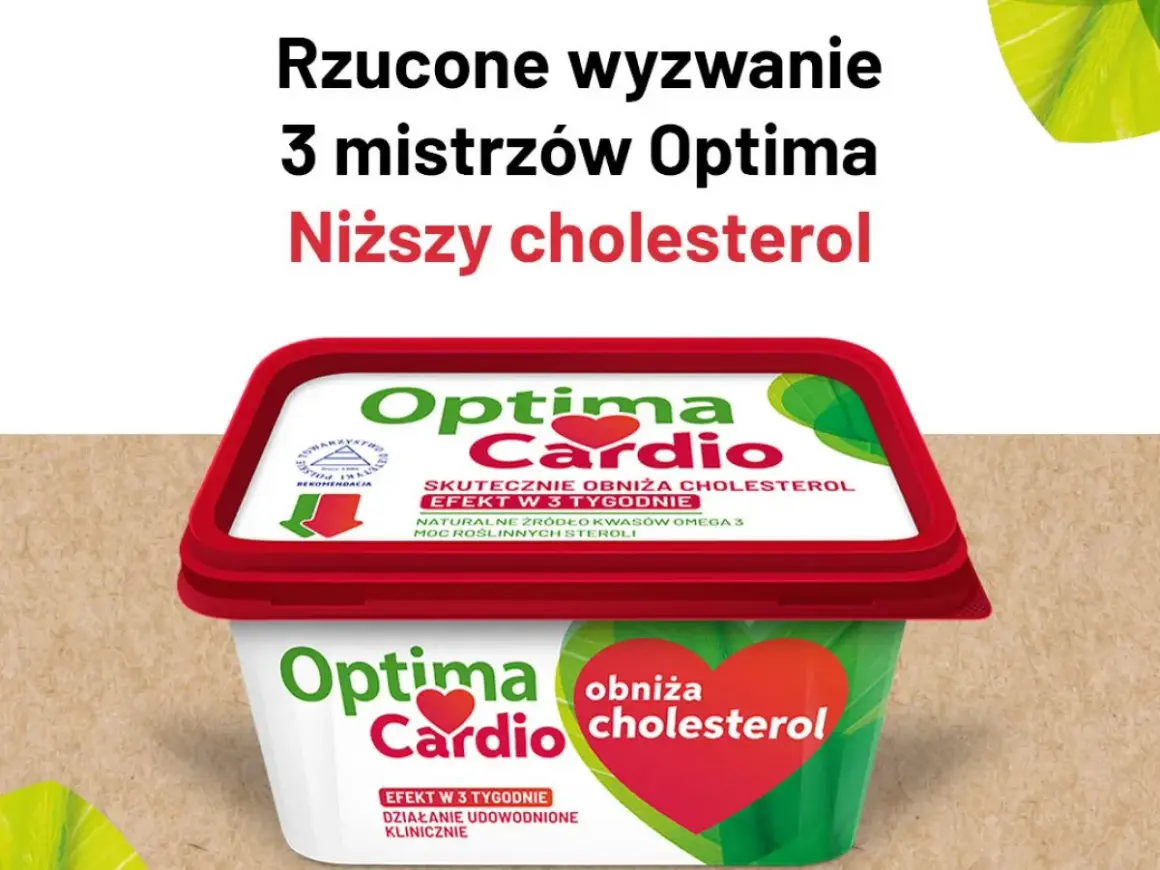 Pudełko margaryny Optima Cardio z napisem "Obniża cholesterol".