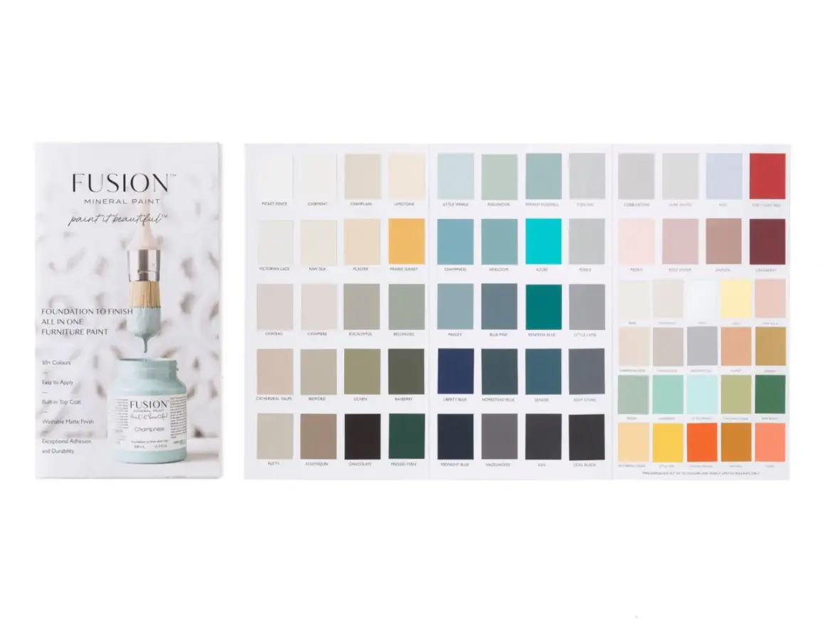 Karta kolorów farb Fusion Mineral Paint prezentuje bogactwo odcieni, od subtelnych beżów po intensywne zielenie i błękity.