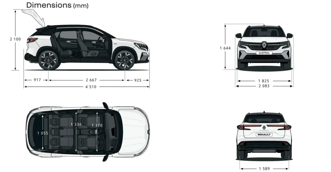 Vue éclatée du Renault Austral, montrant ses dimensions en mm : longueur 4510, hauteur 2100, largeur 1825.