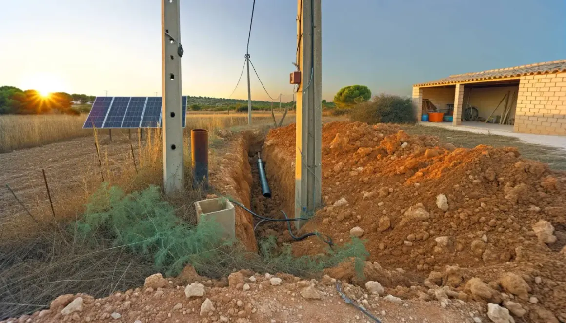 Instalación de paneles solares y zanja para cableado, mostrando cómo tener luz en el campo. Atardecer dorado.