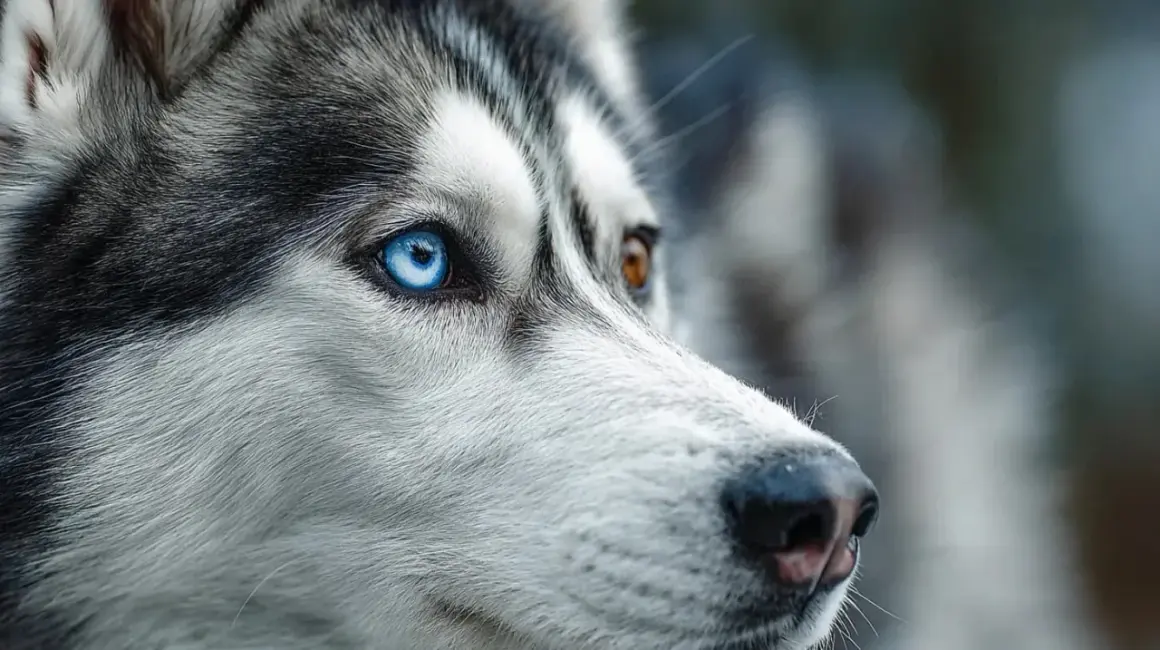 Un husky aux yeux vairons, l'un bleu, l'autre marron, semble observer l'obscurité. Les chiens voient-ils dans le noir ?