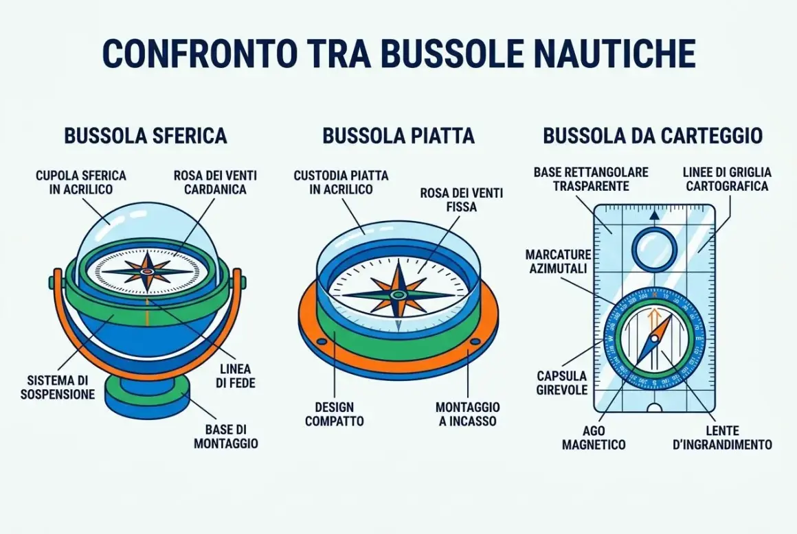 Illustrazione comparativa di tre bussole nautiche: sferica, piatta e da carteggio, utili per la ricerca.