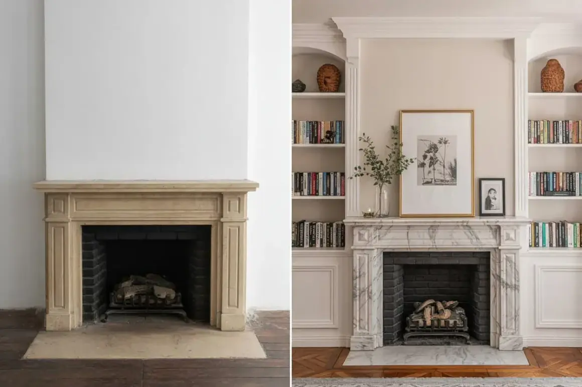 Avant/après : une cheminée en pierre beige transformée en marbre élégant, avec des étagères intégrées pour moderniser l'espace.