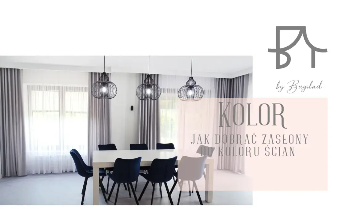 Elegancka jadalnia z szarymi zasłonami i granatowymi krzesłami. Dowiedz się, jak dobrać zasłony do koloru ścian, by stworzyć harmonijną przestrzeń.
