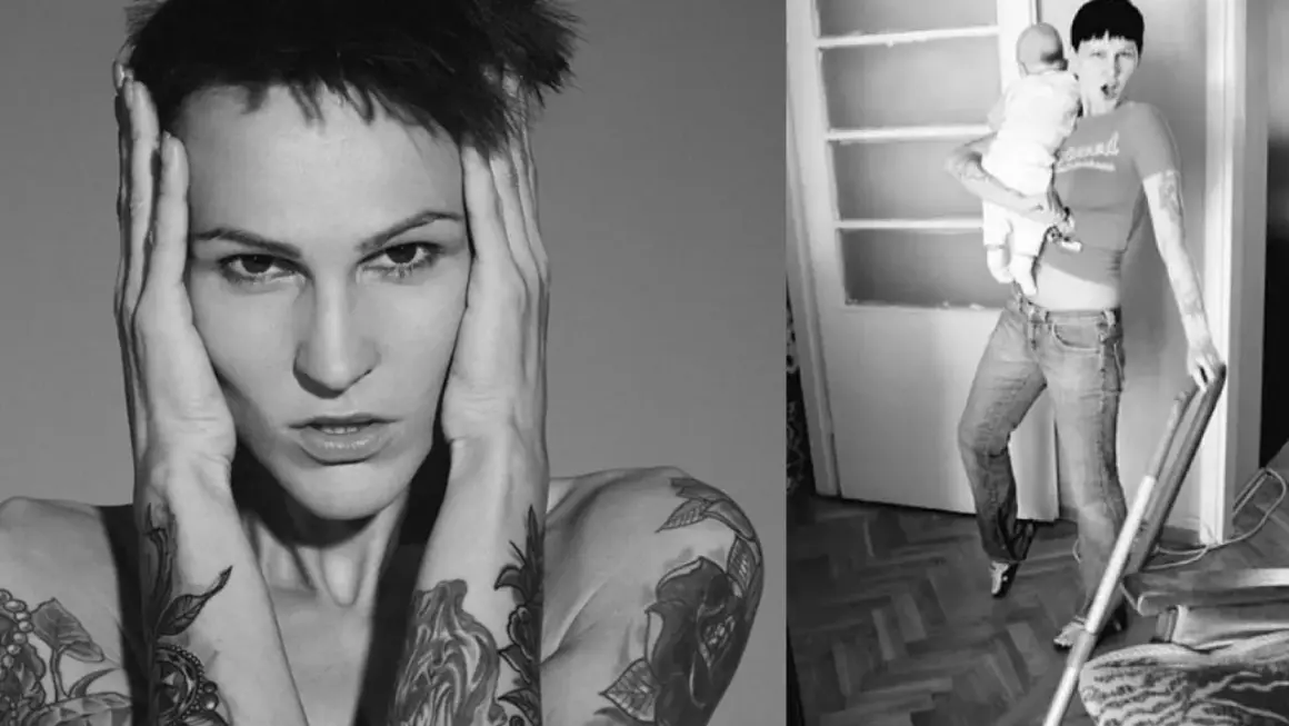 Agnieszka Chylińska z dzieckiem na ręku, w tle drzwi i odkurzacz. Po lewej zbliżenie na twarz artystki z dłońmi na skroniach.