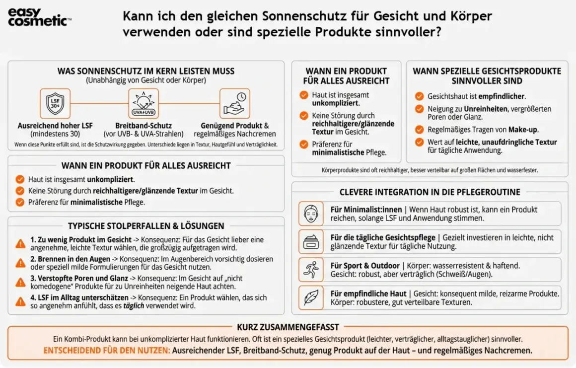 Vergleich von Sonnenschutz für Gesicht und Körper: Wann ein Produkt reicht und wann spezielle Formulierungen für das Gesicht sinnvoll sind.