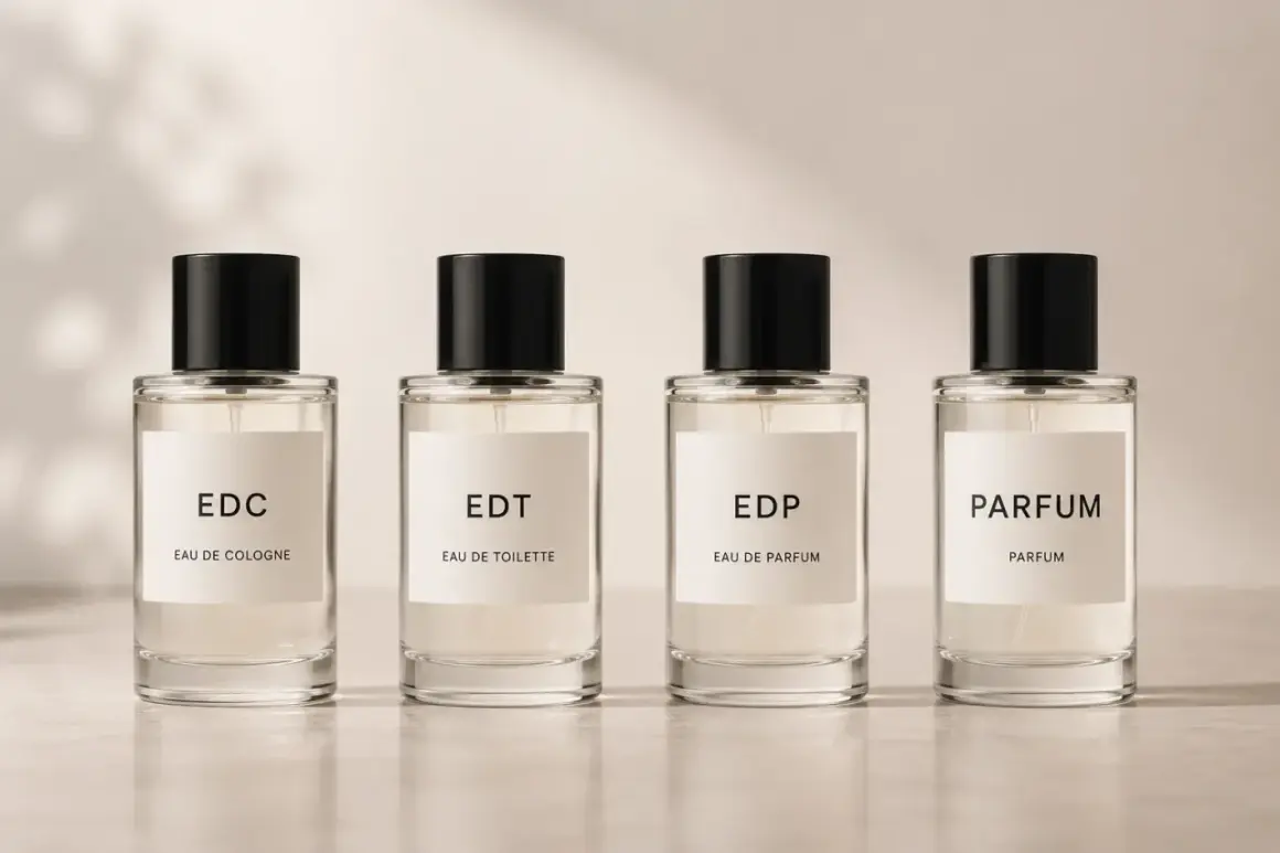 Cztery eleganckie flakoniki z płynem: EDC, EDT, EDP i PARFUM. Każdy z nich to inny rodzaj perfum, gotowy otulić zapachem.