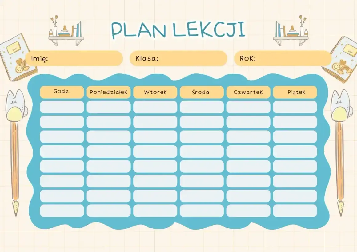 Uroczy plan lekcji z miejscem na imię, klasę i rok. Nowy przedmiot w szkole? Wpisz go tutaj!