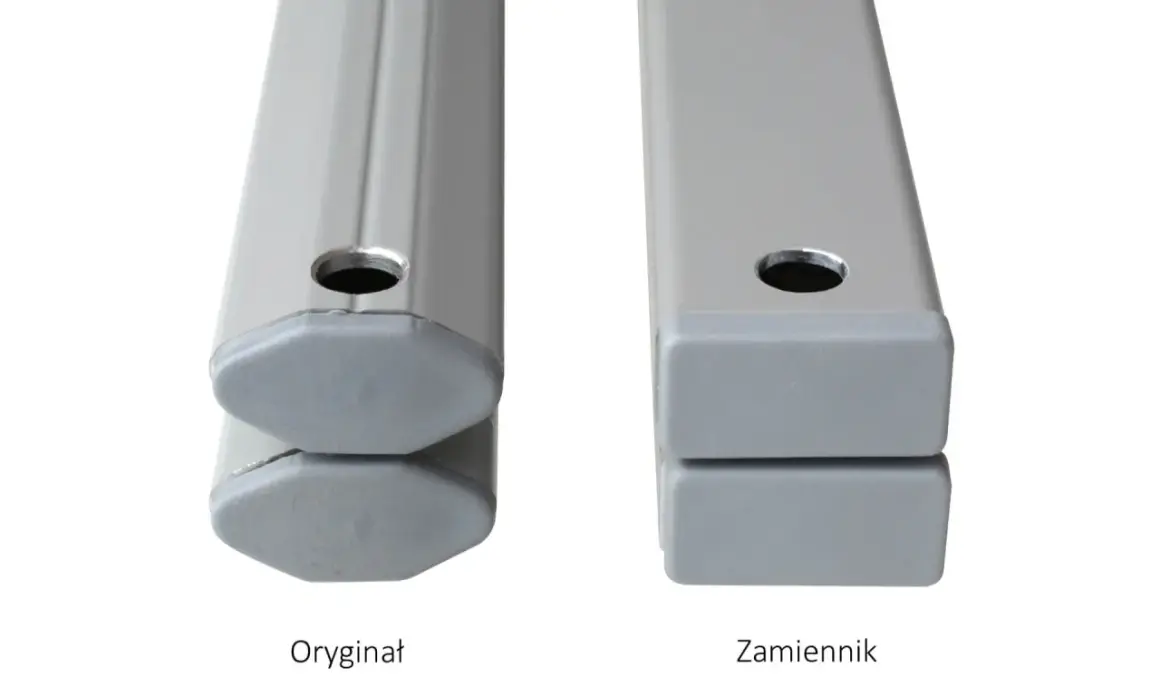 Dwa profile aluminiowe, jeden z zaokrąglonymi stopkami (oryginał), drugi z kwadratowymi (zamiennik). Część namiotu.