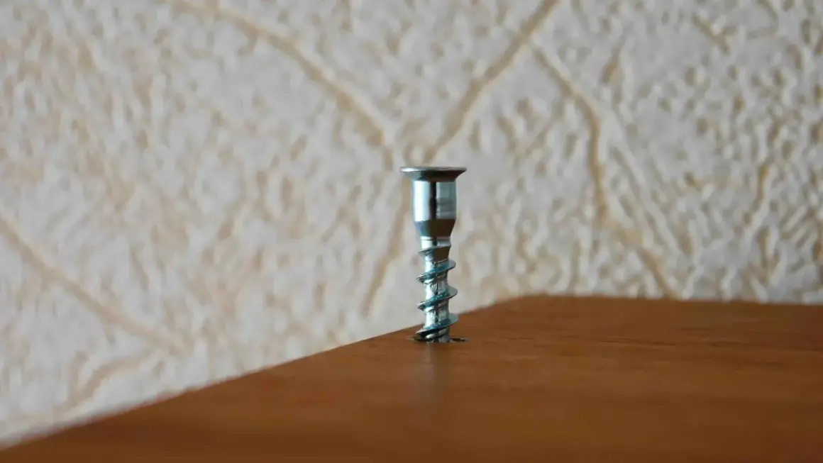 A metal screw is stuck in a wooden surface. This image might be useful for a guide on how to remove stuck screws.