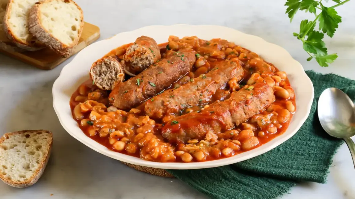 Salsiccia e fagioli in scatola ricetta: un piatto confortante con salsicce succulente e fagioli in salsa, accompagnato da pane croccante.
