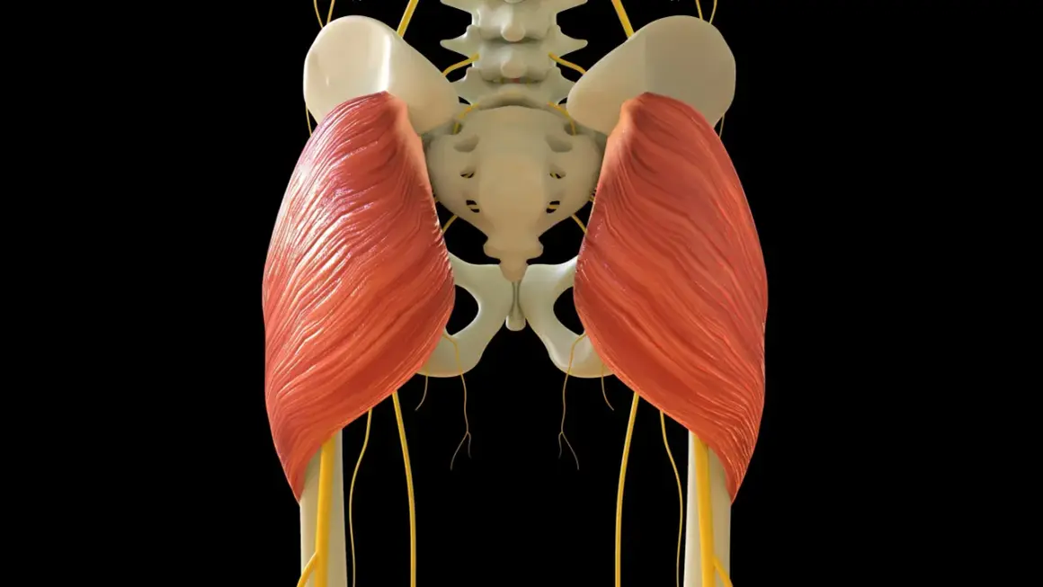 Der musculus gluteus maximus, der größte Gesäßmuskel, ist hier mit Nerven und Beckenknochen dargestellt.