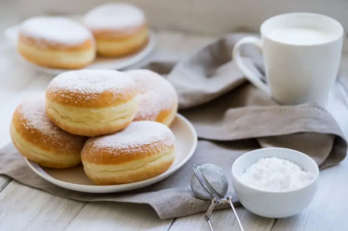 Bomboloni alla crema spolverati di zucchero a velo, pronti per essere gustati con una tazza di latte.