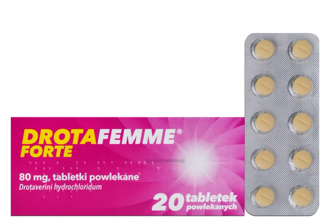 Drotafemme Forte, 80 mg, tabletki powlekane. Działa rozkurczowo, łagodząc bóle brzucha i dolegliwości związane z cyklem menstruacyjnym.