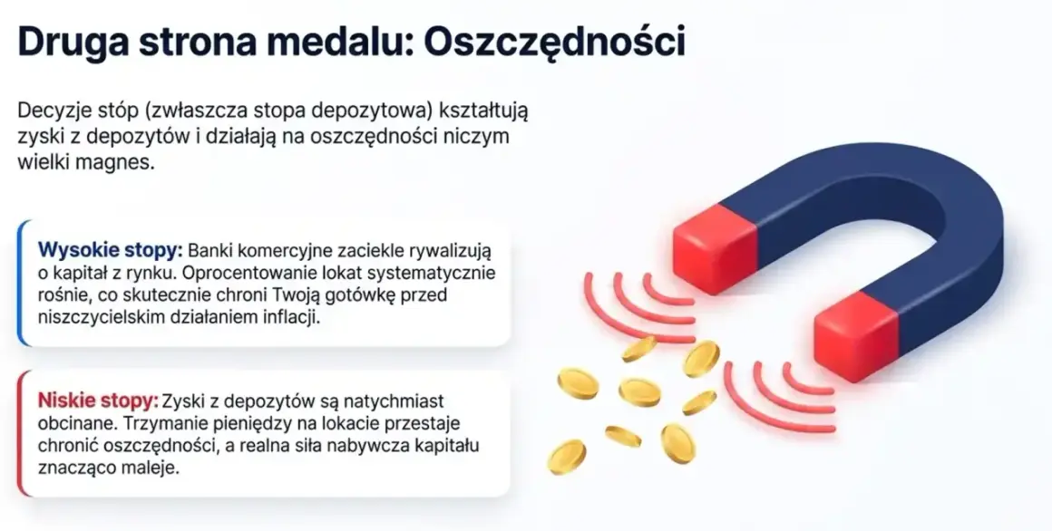 Magnes przyciąga monety, symbolizując wpływ stopy referencyjnej NBP na oszczędności.