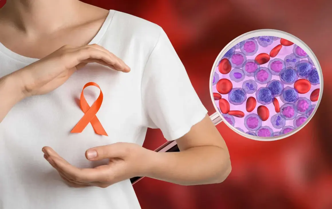 Eine Person hält ein orangefarbenes Band, das für Leukämie steht. Daneben zeigt eine Lupe vergrößerte Blutzellen, die auf Leukämie im Stadium 3 hindeuten.