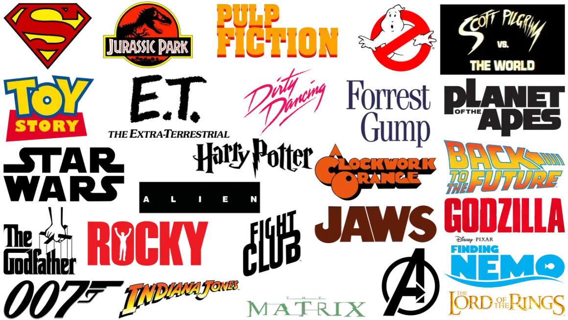A collage of iconic movie logos, including Superman, Jurassic Park, Pulp Fiction, Ghostbusters, Scott Pilgrim vs. the World, Toy Story, Dirty Dancing, Forrest Gump, Planet of the Apes, A Clockwork Orange, Back to the Future, Alien, Rocky, Jaws, Godzill...