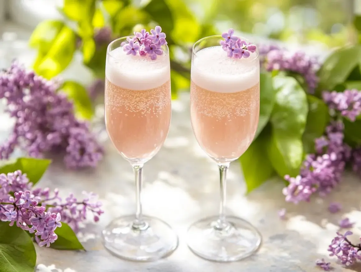 Två glas med rosa bubbel, dekorerade med syrenblommor. Perfekt för ett syrensirap recept.