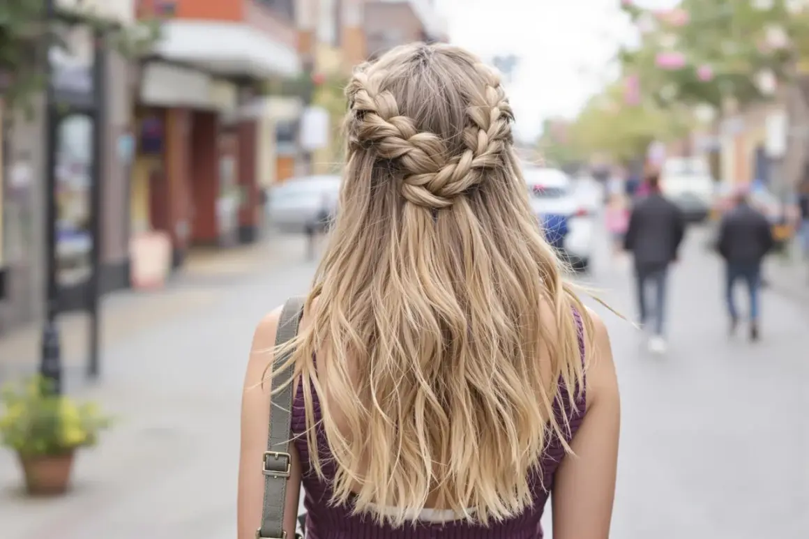 Einzigartige Frisur: Haare flechten zu einem Kranz über blondem Haar, während die Trägerin durch eine belebte Straße geht.