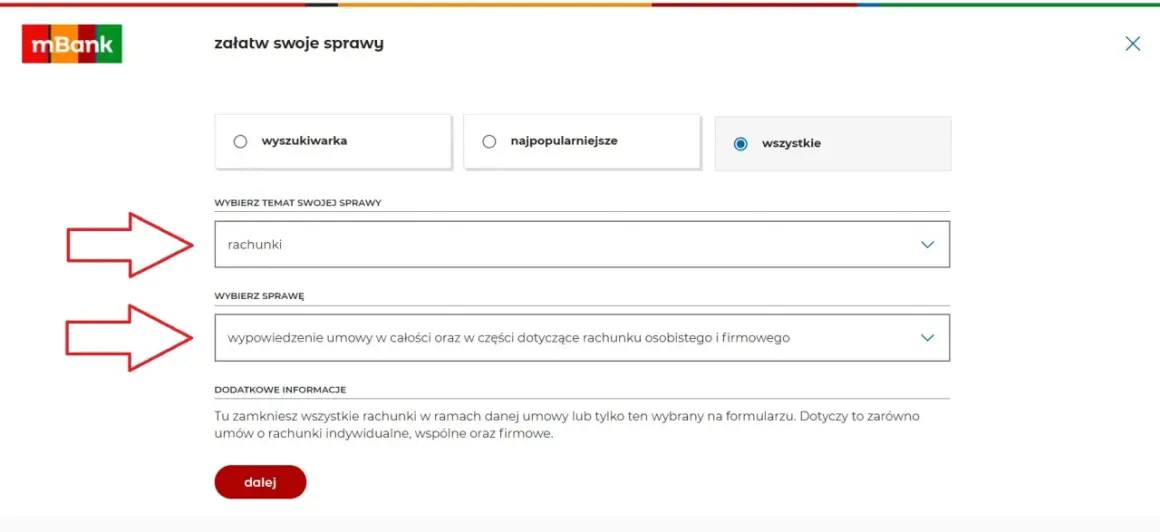 Formularz mBank do załatwiania spraw, wybór tematu "rachunki" i sprawy "wypowiedzenie umowy".
