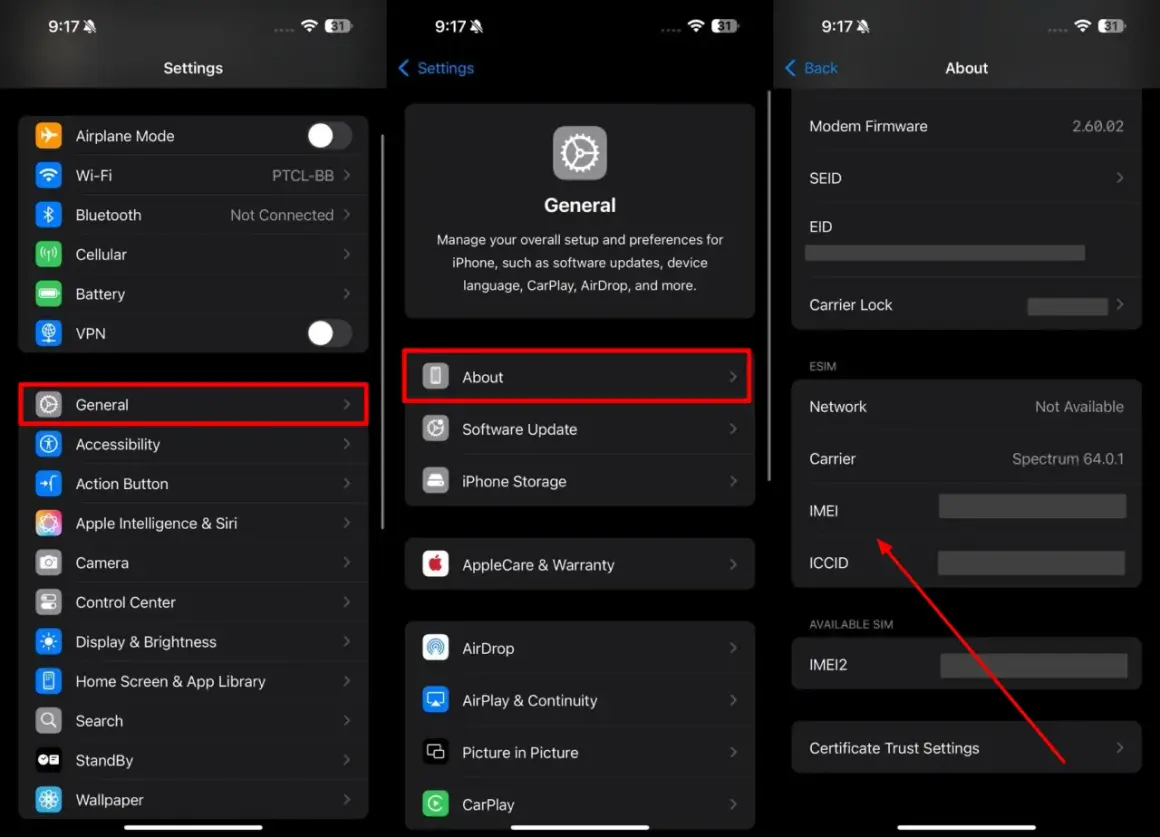 Sprawdzanie IMEI iPhone: Ustawienia > Ogólne > To urządzenie. Widoczny numer IMEI.