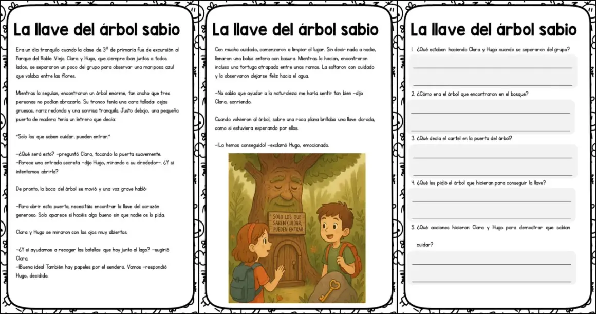 Fichas de comprensión lectora para imprimir: "La llave del árbol sabio". Clara y Hugo descubren un árbol mágico.