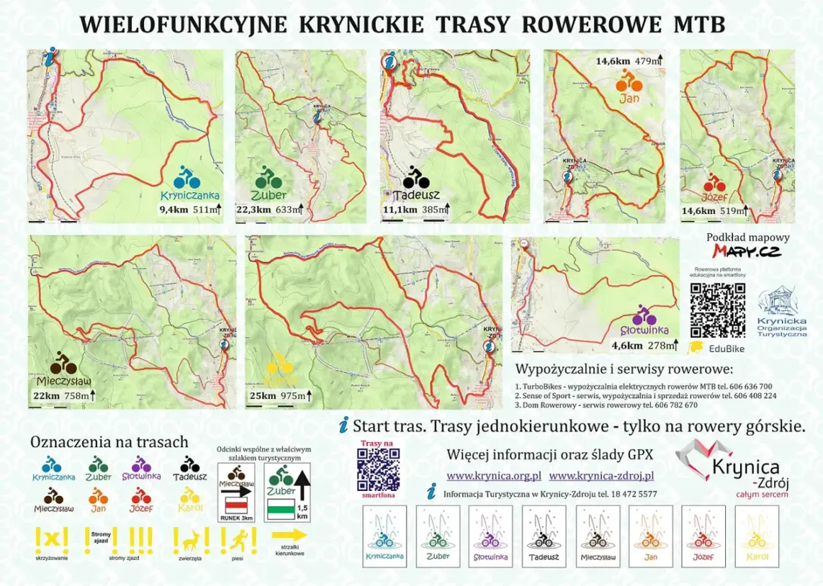 Mapy krynickich tras rowerowych: Kryniczanka, Zuber, Słotwinka, Tadeusz, Mieczysław, Jan, Józef, Karol. Idealne dla miłośników MTB.