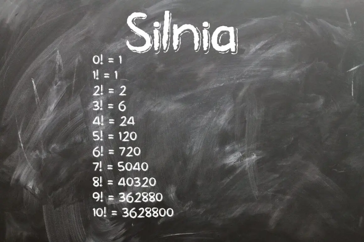 Na tablicy napisano "Silnia" i przykłady obliczeń: 0!=1, 1!=1, 2!=2, 3!=6, 4!=24, 5!=120, 6!=720, 7!=5040, 8!=40320, 9!=362880, 10!=3628800.