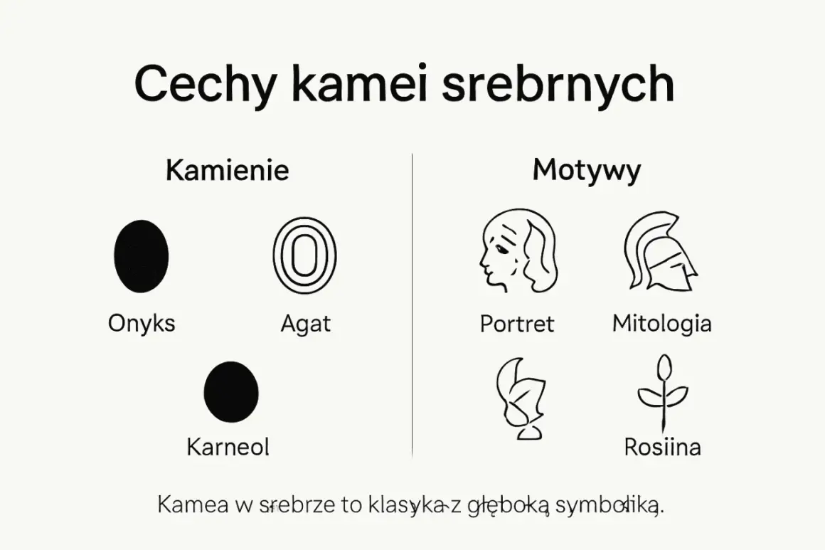 Ilustracja przedstawia kamienie (onyks, agat, karneol) i motywy (portret, mitologia, roślina) związane z kameami.