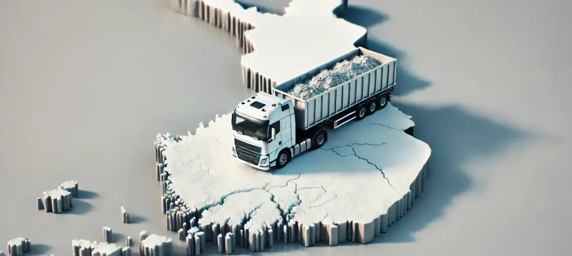 Biała ciężarówka z naczepą pełną materiału na tle mapy Finlandii. Odkrywamy sekrety transportu zwycięskich kul do studia losowań w Finlandii.