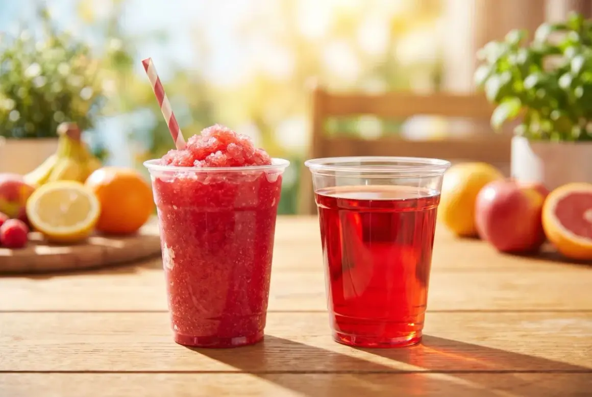 Zwei Becher mit erfrischenden Getränken, einer mit rotem Slush Eis selber machen, daneben ein Glas roter Saft. Obst im Hintergrund.