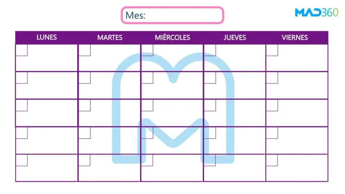 Un calendario de estudio con los días de la semana (Lunes a Viernes) y filas para organizar tareas. Ideal para planificar tu mes.