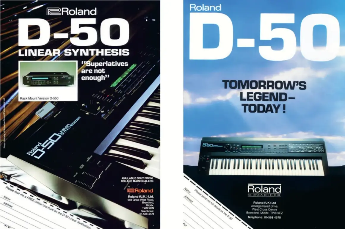 Reklama syntezatora Roland D-50, z klawiaturą i panelem sterowania. Obok wersja rack.