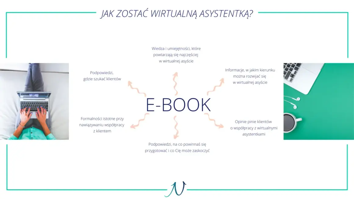 E-book "Jak zacząć jako wirtualna asystentka" zawiera wskazówki dotyczące szukania klientów, formalności, wiedzy i umiejętności, rozwoju kariery oraz opinii klientów.