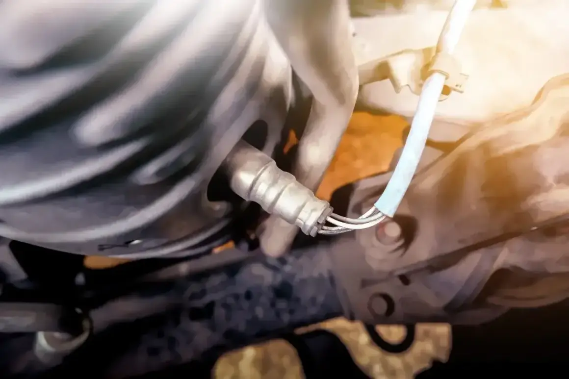 Naprawa Citroena z błędem DTC P0420. Widoczna sonda lambda przy katalizatorze.