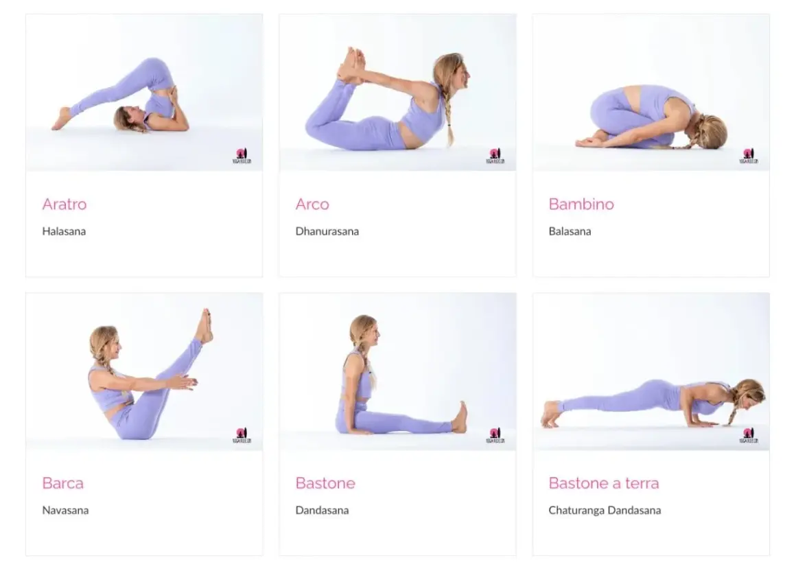 Donna in posizione supina esegue diverse posizioni yoga: Aratro, Arco, Bambino, Barca, Bastone e Bastone a terra.