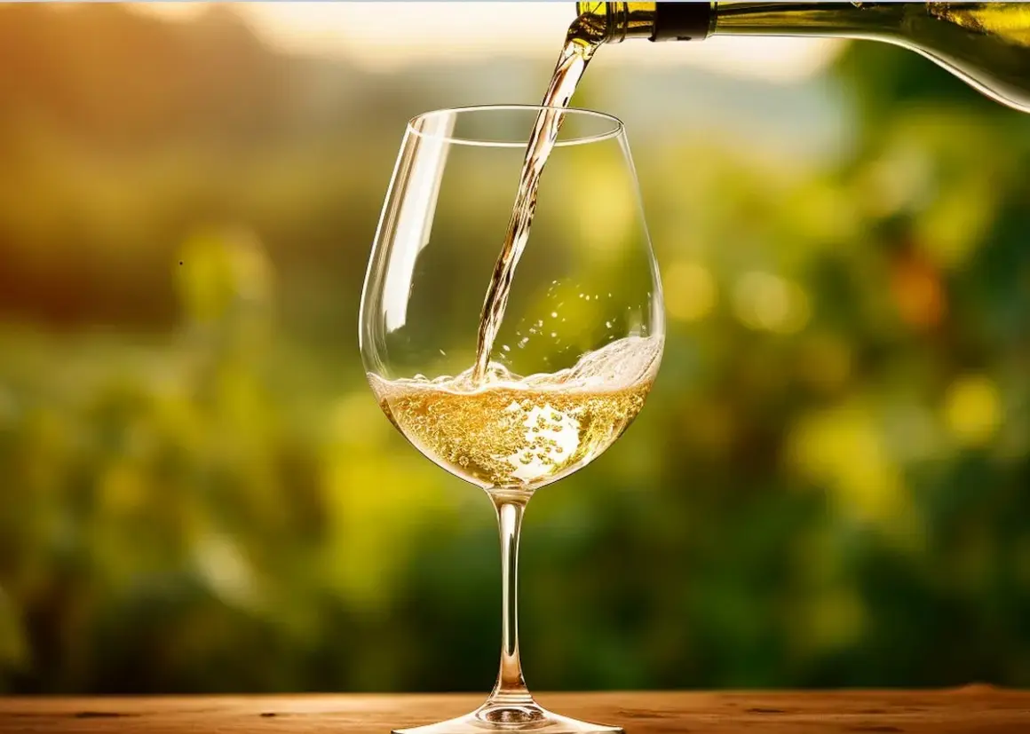 Versando un fresco bicchiere di Trebbiano d'Abruzzo in un vigneto al tramonto.